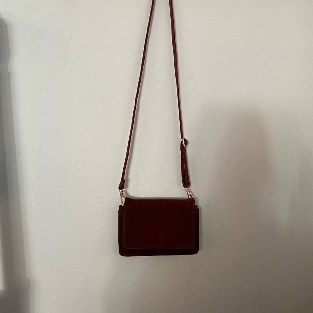 Anthropologie Burgundy Velvet Crossbody with Gold Hardware